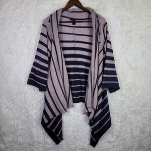 Indah 100% Cashmere Draped Open Front Striped Cardigan Lavender‎ Navy Blue OS